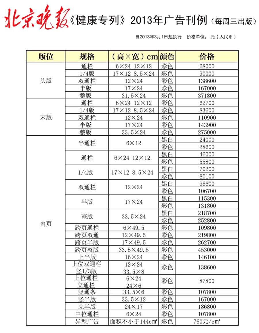 北京晚报广告 北京晚报广告报价 北京晚报广告价目表